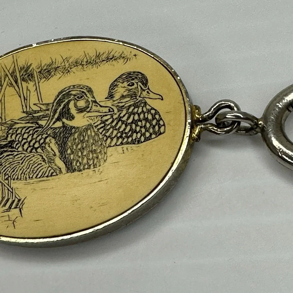 Barlow Duck Wildlife Keychain Gold Tone Etched Mallard Oval Charm